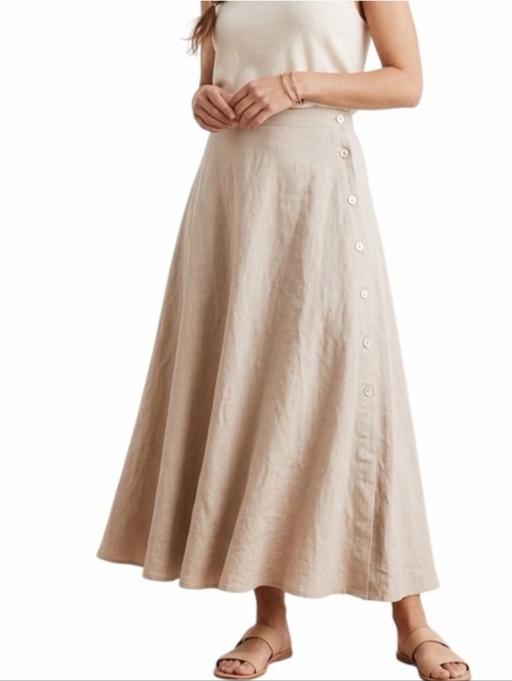 Classic Cream Linen Blend A-Line Midi Skirt Made In Italy